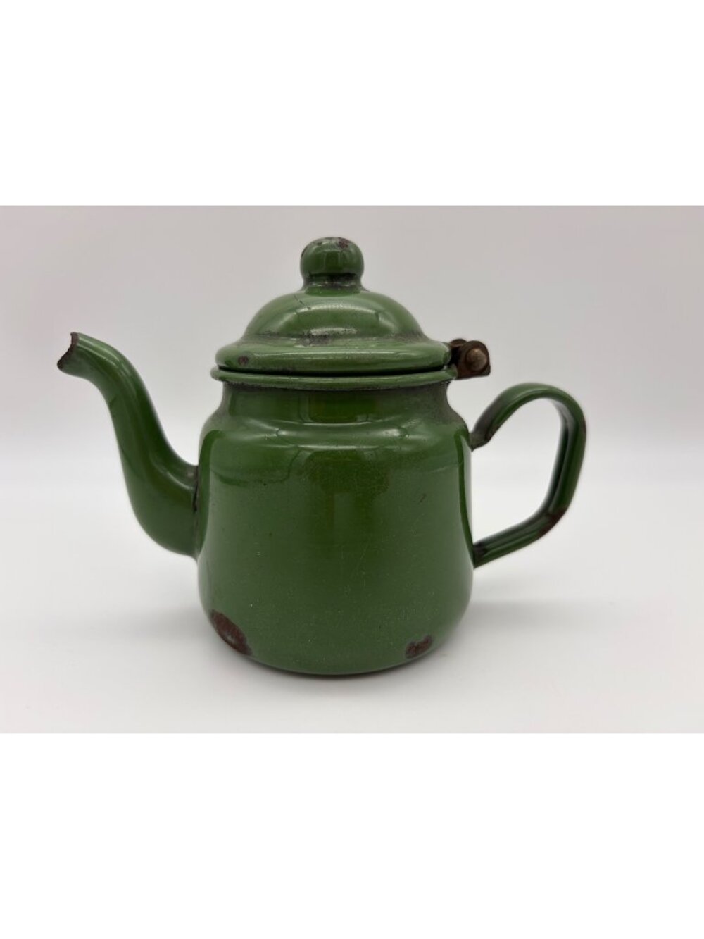 Vintage Green Enamelware 4 Inch Teapot Hinged Lid Rustic Primitive Kitchen Decor